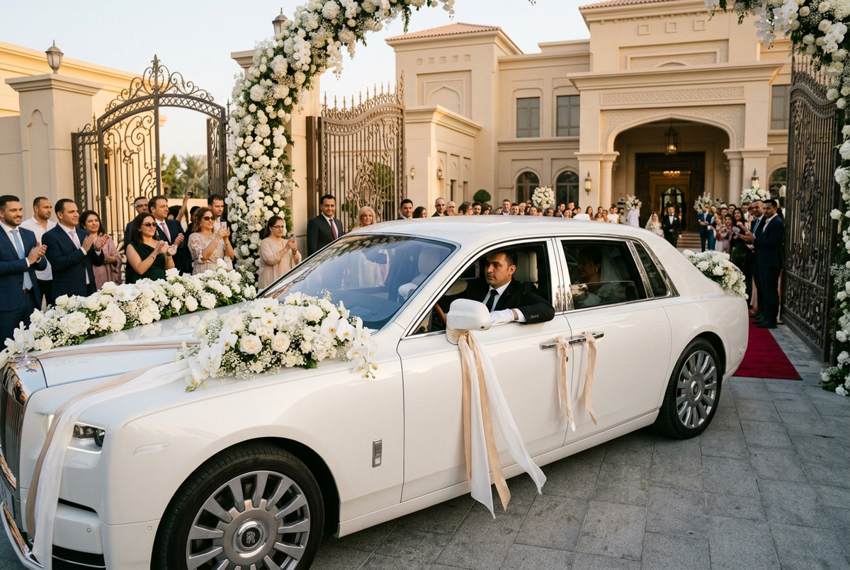 Luxury decorated wedding car with flowers and ribbons