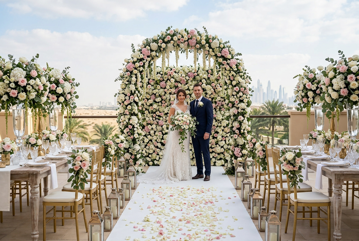 Stunning wedding floral arrangements with flower wall and bridal bouquet
