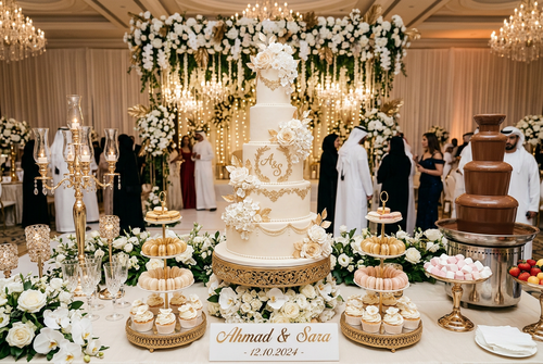 Elegant multi-tier wedding cake and dessert table