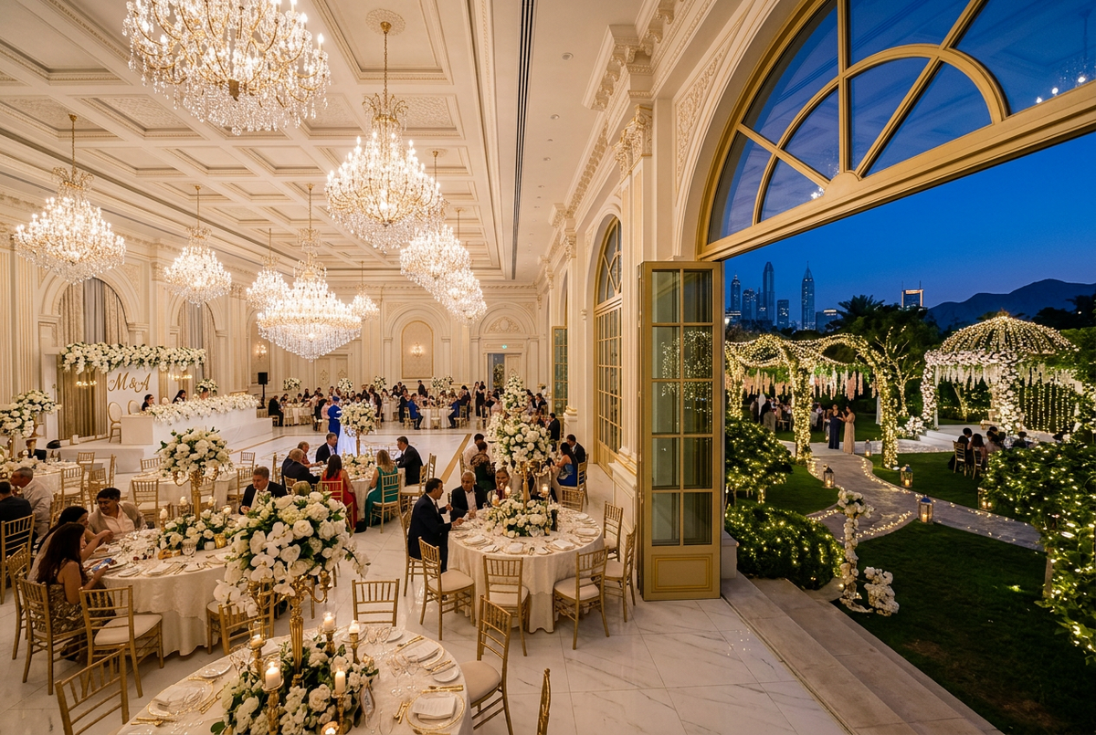 Stunning luxury wedding venue with grand ballroom and chandeliers