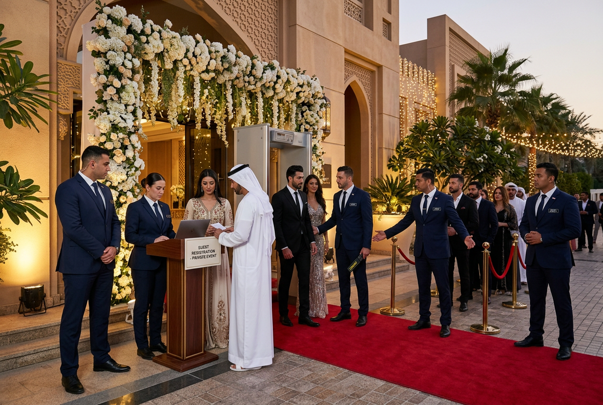 Professional wedding security team at luxury event entrance