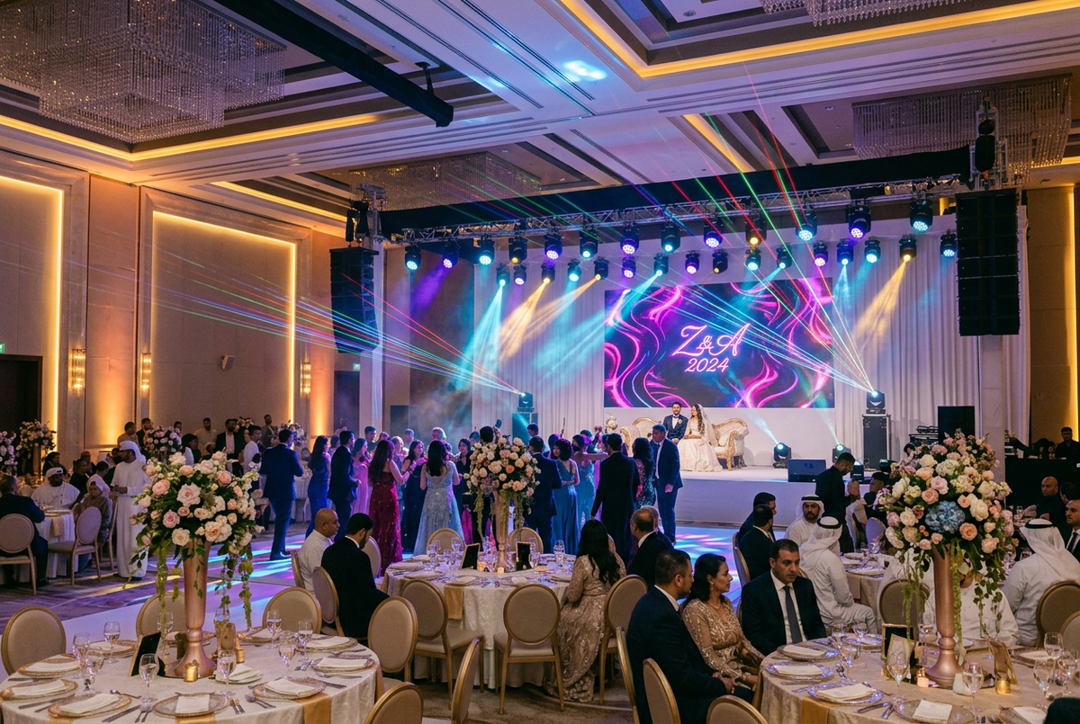 Professional wedding sound and lighting setup with LED effects